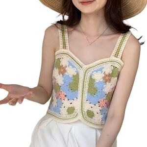 Pretty Little Thing Women Summer Crochet Tank Tops Colorful Floral Embroidery...